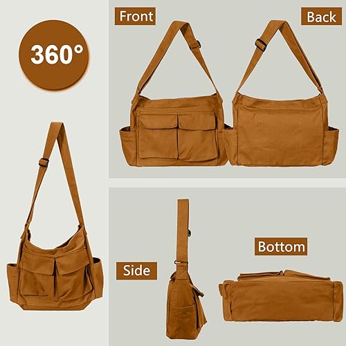 Miniatura 4 de Bolso bandolera de lona grande con múltiples bolsillos, bolso bandolera vintage escolar para mujeres y hombres