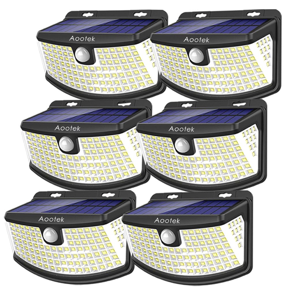 Aootek New Solar Motion Sensor Lights 120 LEDs with Lights Reflector,270° Wide Angle, IP65 Waterproof, Step Lights for Front Door, Yard, Garage, Deck (Black, Warm White, 6-Pack)