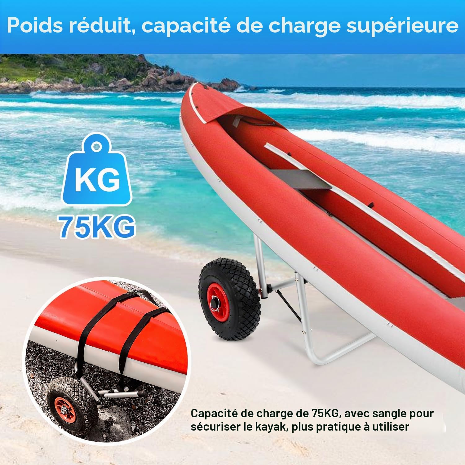 Chariot de kayak en aluminium, pliable jusqu'à 80 kg, chariot de transport pour bateaux, canoë ou kayak, chariot de bateau avec sangles de tension, chariot de kayak portable, remorque de