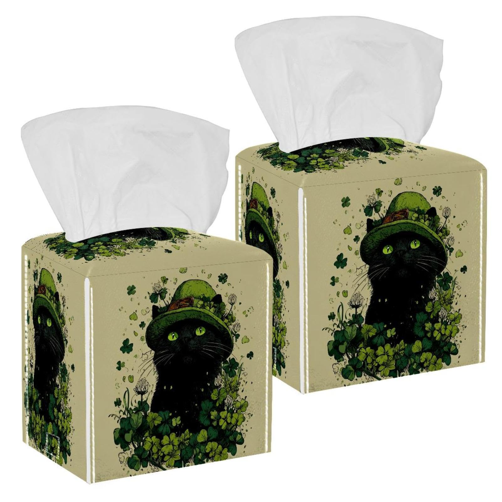 Cat and Clover Tissue Box Cover, 2 Pack PU Leather Square Facial Tissue Dispenser Box holder for Home Office Car