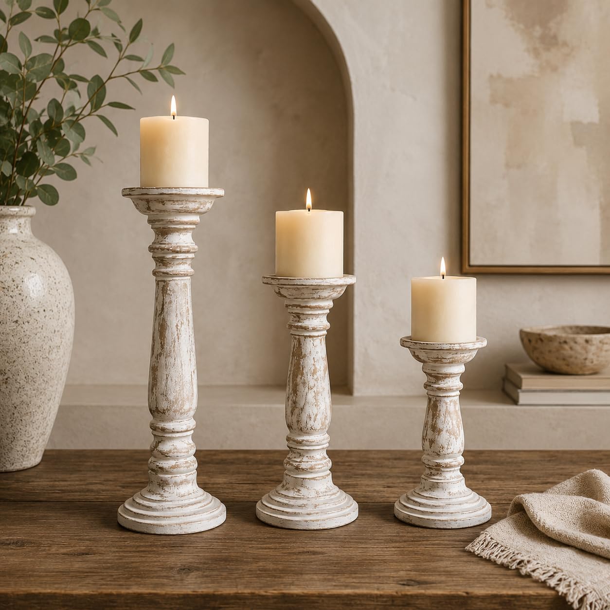 The RAAVYA Mango Wood Candle Stands - Set of 3 White Candle Holders Distressed Rustic for Festive Decor & Gifting-image-41