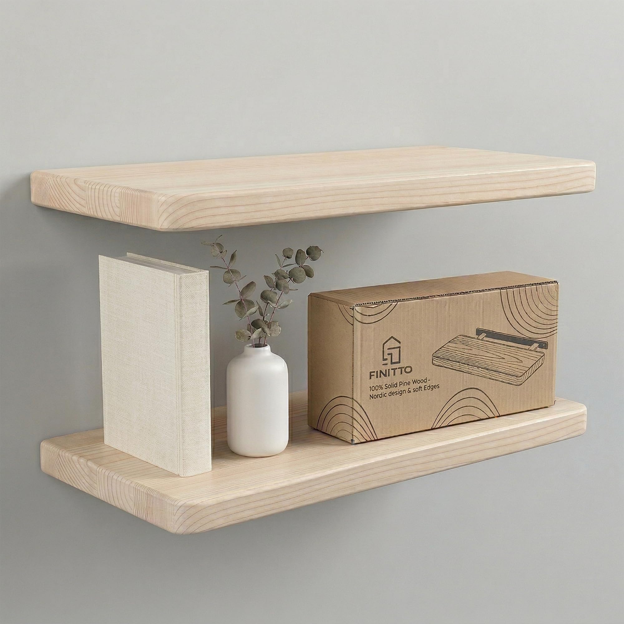 Aura | Estantería Pared de Madera Maciza | Baldas Flotantes Con Veta Vista y Bordes Redondeados | Incluye Tacos Especiales Pladur y Ladrillo | Repisas y Estantes para Baño (Blanco, 58, 2)