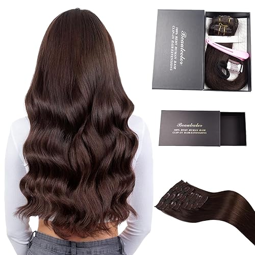 Extensiones de cabello humano real con broches, 4.23 oz, 12A, suaves y sedosas, color marrón oscuro, 14 pulgadas, 8 unidades, 22 clips