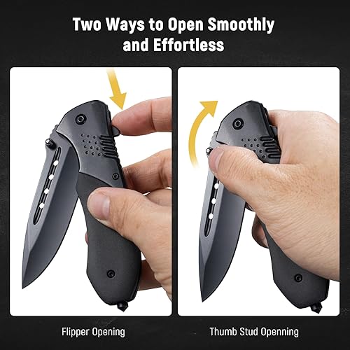 Miniatura 6 de KEXMO Cuchillo plegable de bolsillo, cuchillo táctico de bolsillo negro de hoja afilada de 3.46 pulgadas con clip, rompedor de vidrio, cuchillos EDC