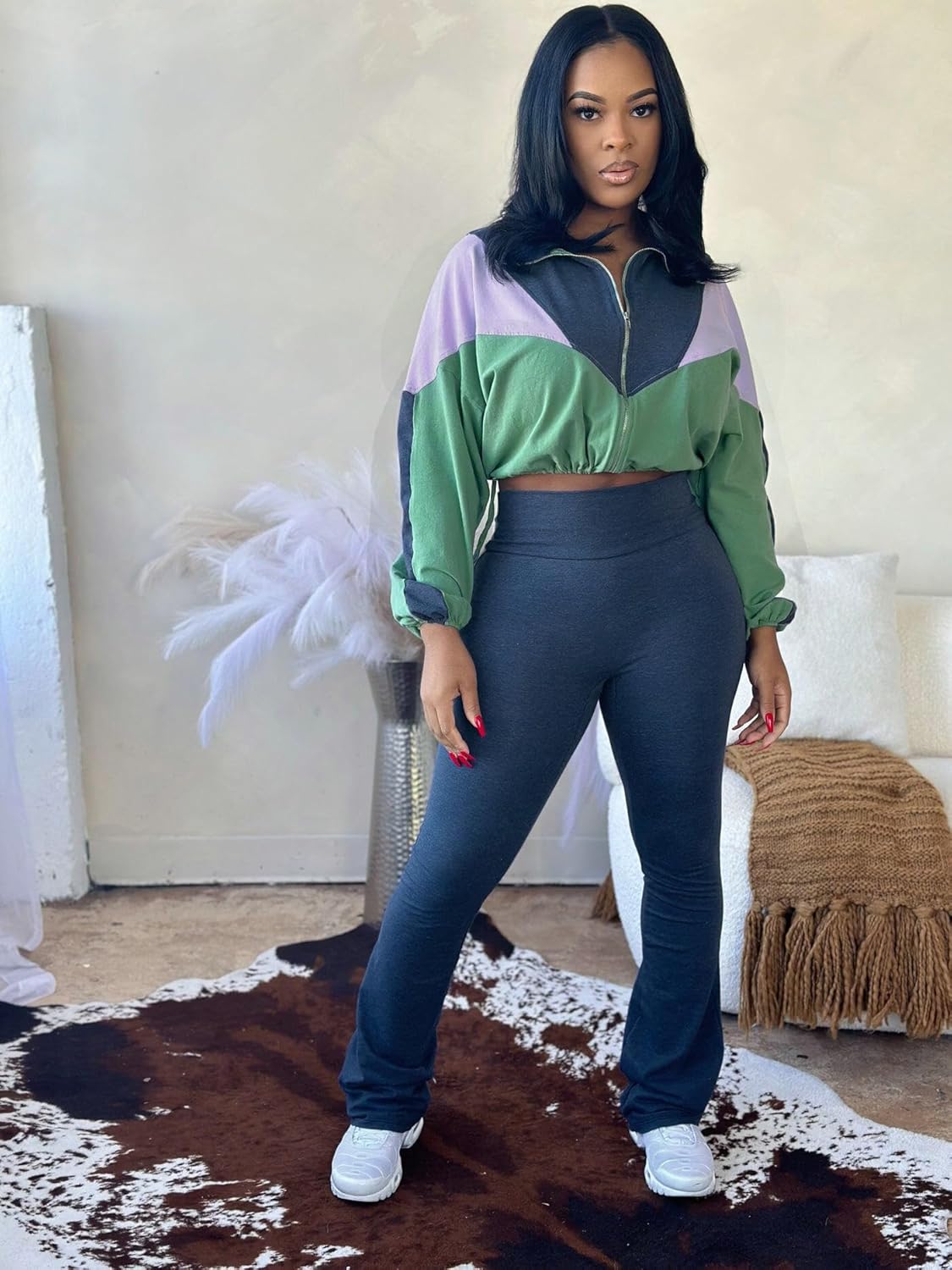 Womens 2 Piece Outfits Sets Casual Jumpsuits Track Suits for Women Set Colorblock Zip Up Cropped Jacket Pants Sweatsuits - Image 4