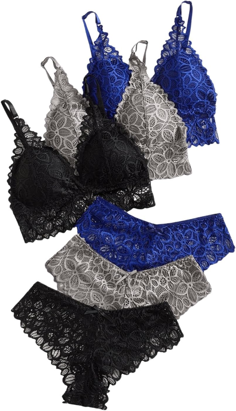 Verdusa Women's Lingerie Sets 6 Piece Lace Bow Floral Underwear Bras Wireless Padded Bra and Panty Set