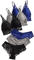 Verdusa Women's 6-Piece Lace Bow Floral Lingerie Set: Wireless Padded Bralette & Panties, Soft Stretchy Comfort