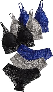 Verdusa Women's 6-Piece Lace Bow Floral Lingerie Set: Wireless Padded Bralette & Panties, Soft Stretchy Comfort