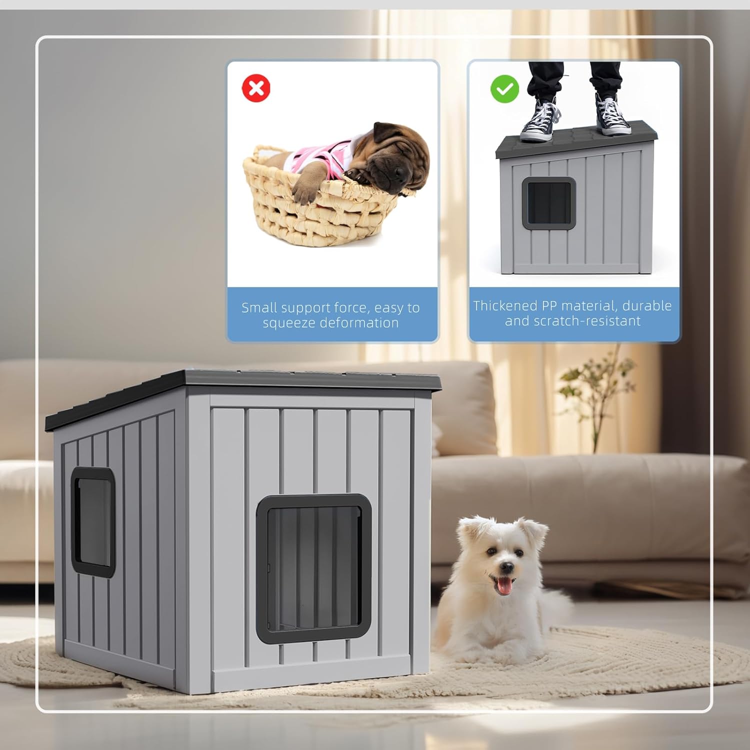 DRATO Outdoor Dog House Indoor and Outdoor with Sloped Roof Resin Material Weatherproof Roof Removable Floors for Small to Middle Sized Dogs Easy to Assemble (Gray, 24.65 * 21.5 * 22.21)