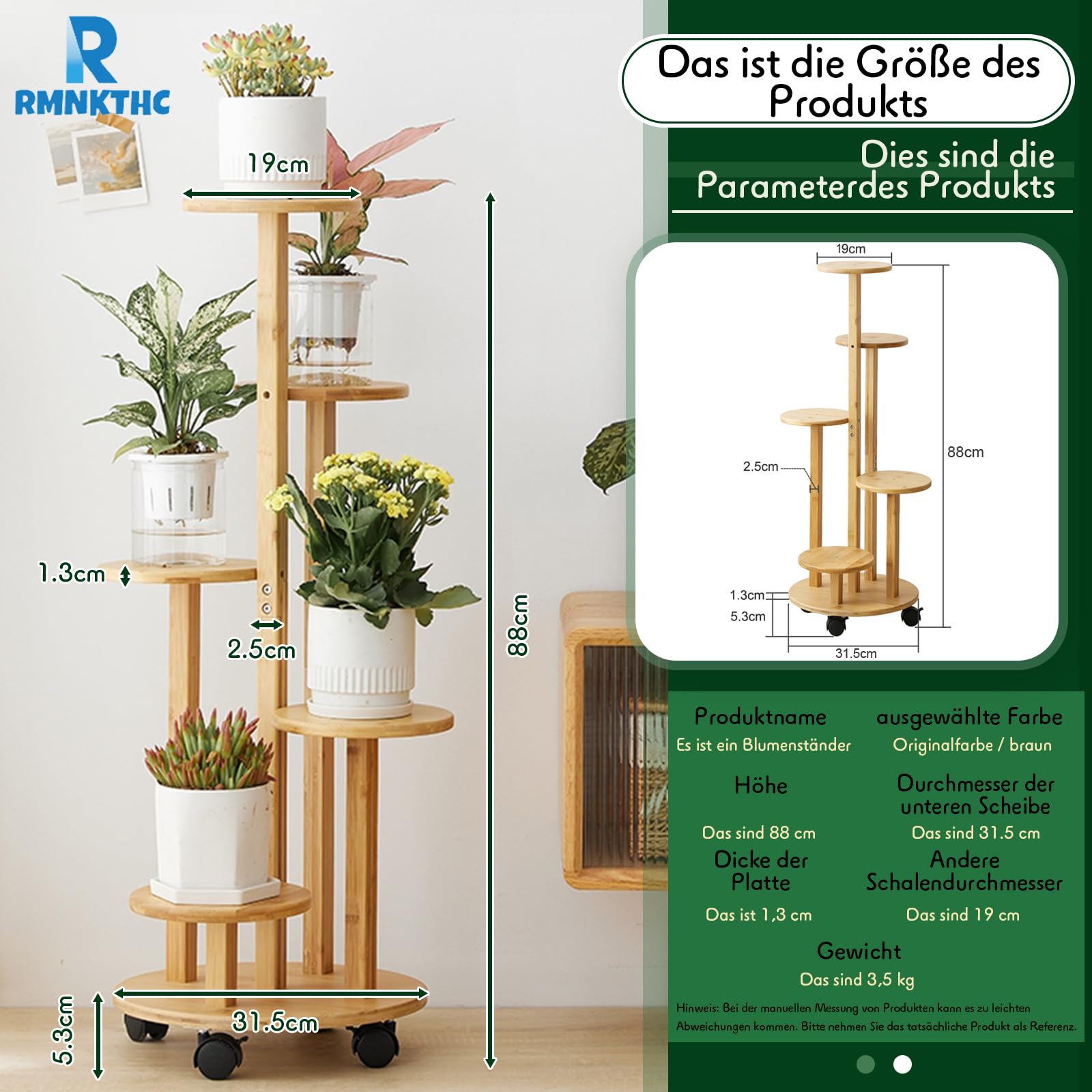 Étagère à fleurs en bambou avec roulettes | 5 niveaux de charge 20 kg | Matériau naturel imperméable | Montage facile pour salon, balcon, chambre à coucher (couleur bois)