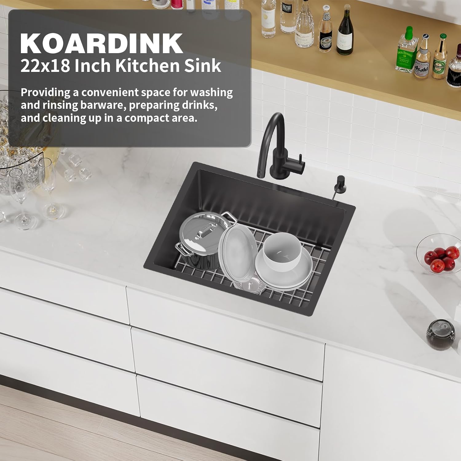 Black Kitchen Bar Sink Combo - 22x18 Inch Stainless Steel Undermount Single Bowl Modern Sink with SS Grid, Silicon Mat, Drain Strainer Set