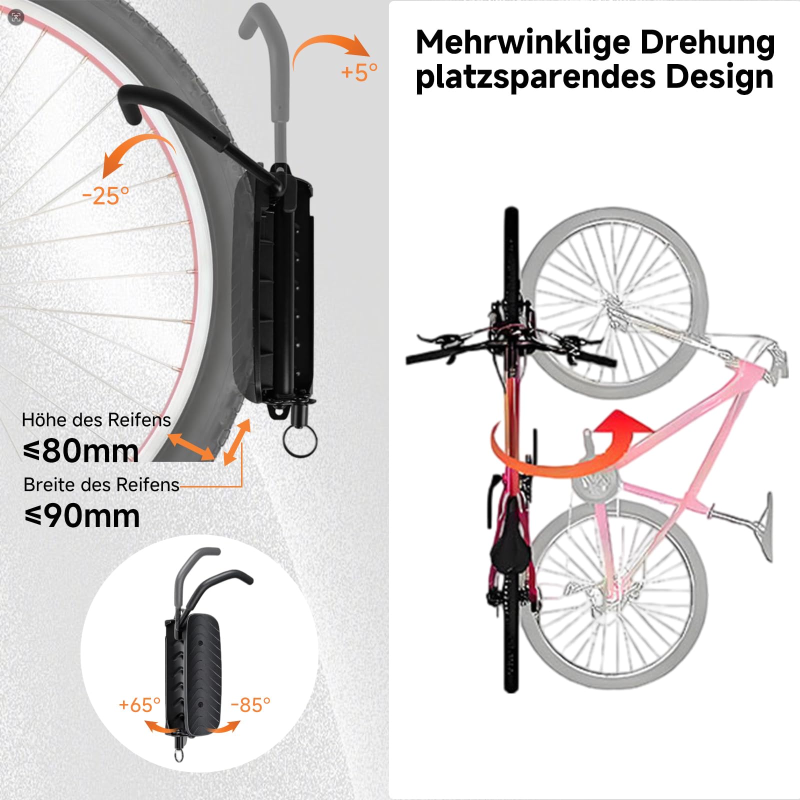 4 Stück Schwenkbare Fahrrad Wandhalterung, Fahrradhalterung Wand mit Hinterrad Halterung, Fahrradständer Belastbar bis 30 kg, Platzsparender Fahrrad Aufhängung für Alle Fahrradtypen
