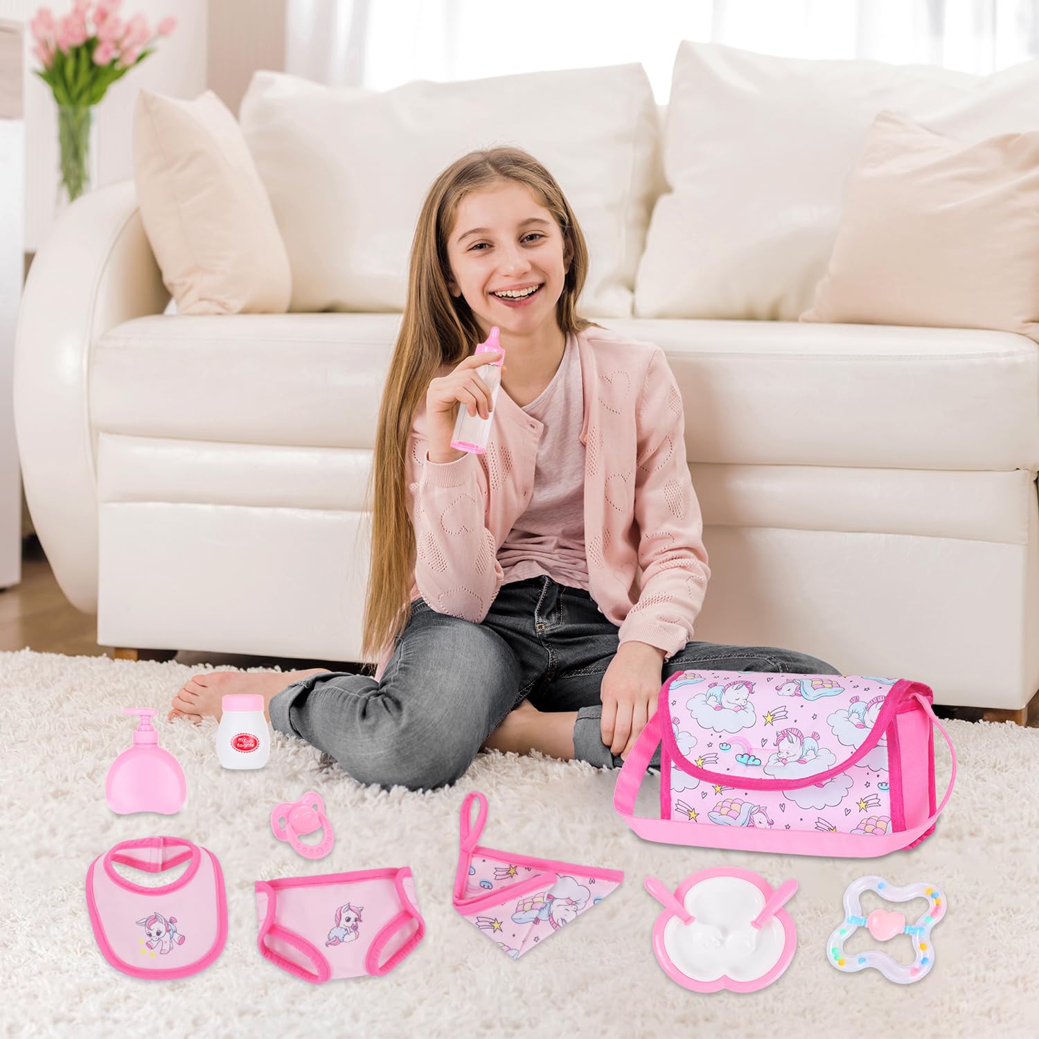 Accessoires de Poupée pour Poupée 40-45 cm - 12 Pièces avec Sac à Langer, Biberon, Bavette, Tétine et Couche pour Fille