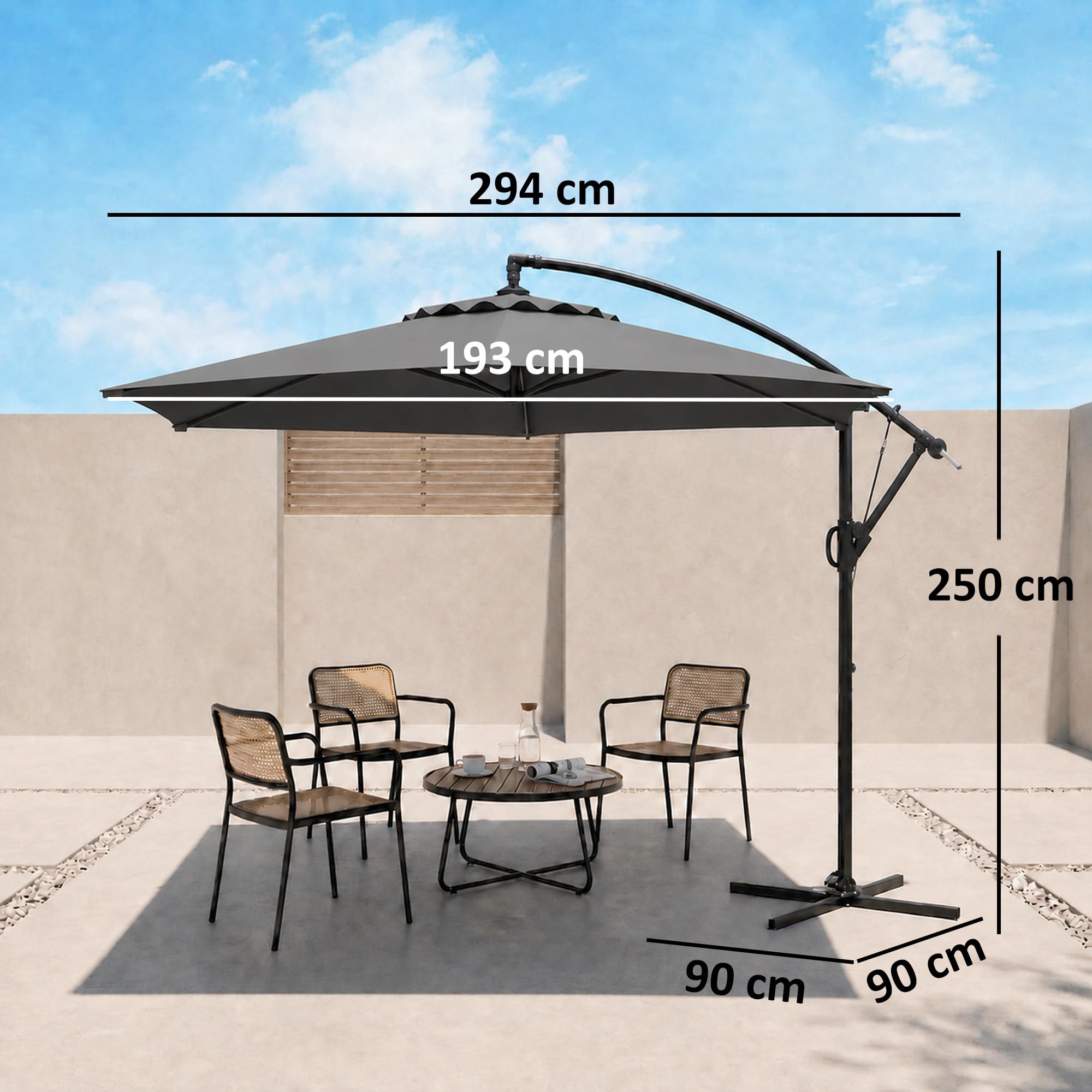 Outsunny Parasol Excéntrico 294x193 cm Sombrilla de Jardín con Base Cruzada y Manivela Impermeable Protección UV Sombrilla para Terraza Patio Gris Oscuro