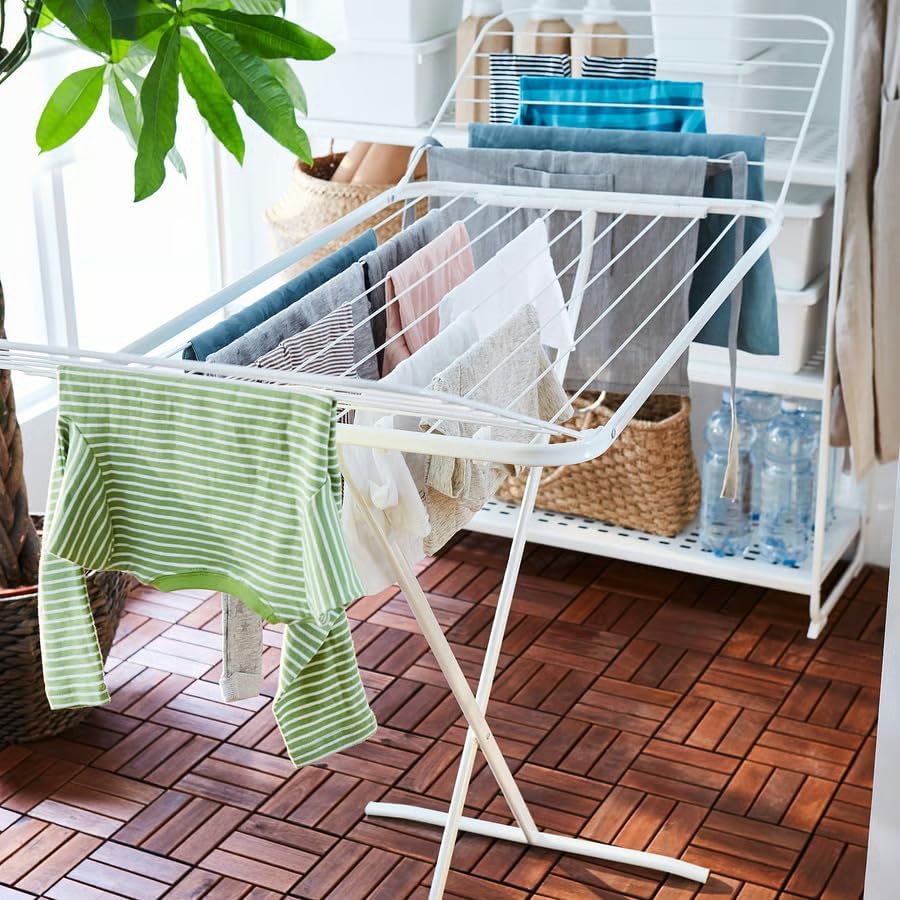 Foldable Drying Rack for Indoor & Outdoor Use – 68" White Steel Clothes Airer with 2 Wings & 4 Hanging Hooks, Compact & Durable Laundry Stand