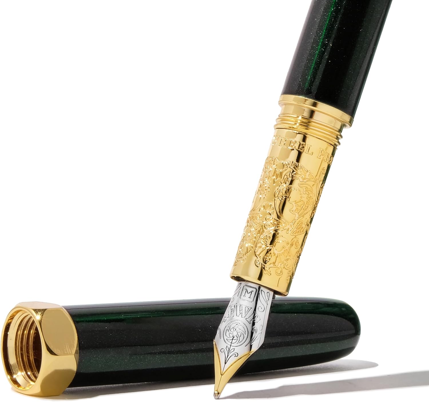 Ferris Wheel Press, Bijou Fountain Pen, Catnip Café, Double Gold Plated, Snowfall Lacquer Finish, Two-Tone Steel Nib, Emerald Green, Fine