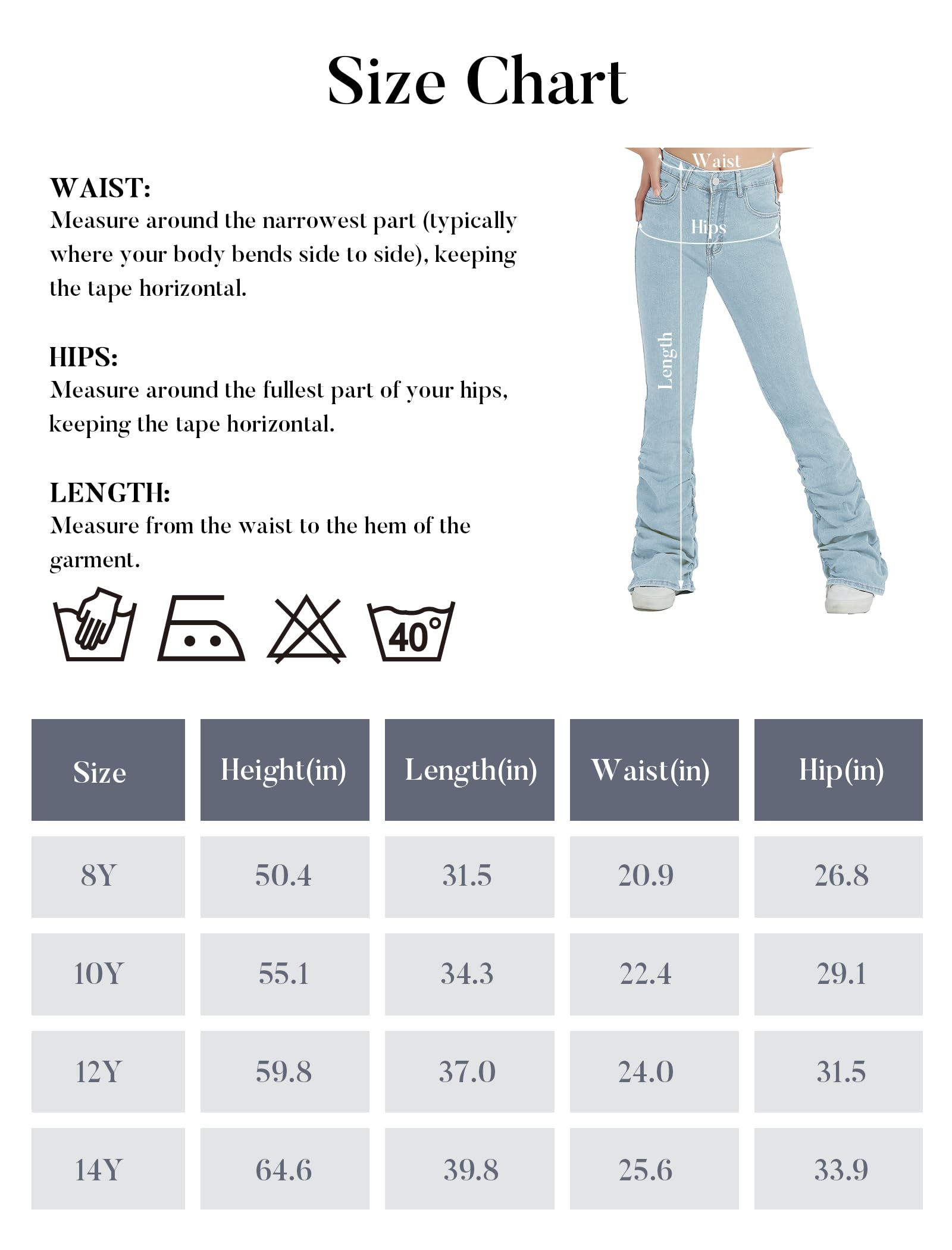 EXARUS Jeans svasati impilati a vita alta in denim con fondo a campana Bootcut casual per bambini pantaloni ruch con tasche 8-14 anni