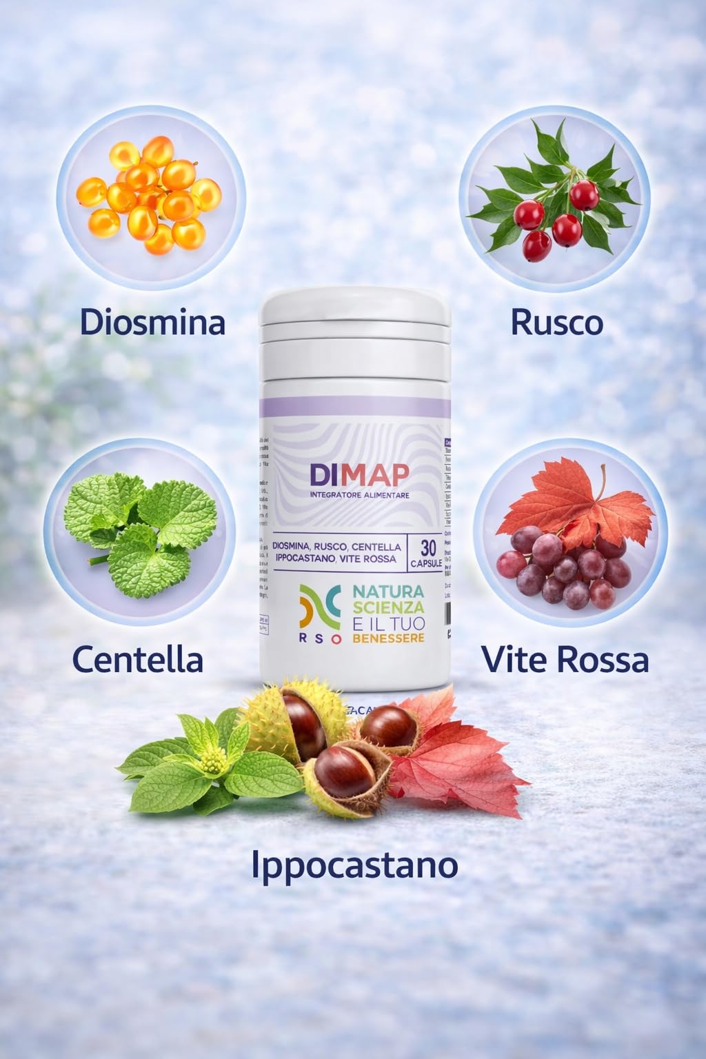 DIMAP Circulation Jambes Gonflées et Varices | Diosmina 500 mg, Centella, Rusco | 30 Capsules | Complément pour Lourdeur, Microcirculation et Capillari | Fabriqué en Italie