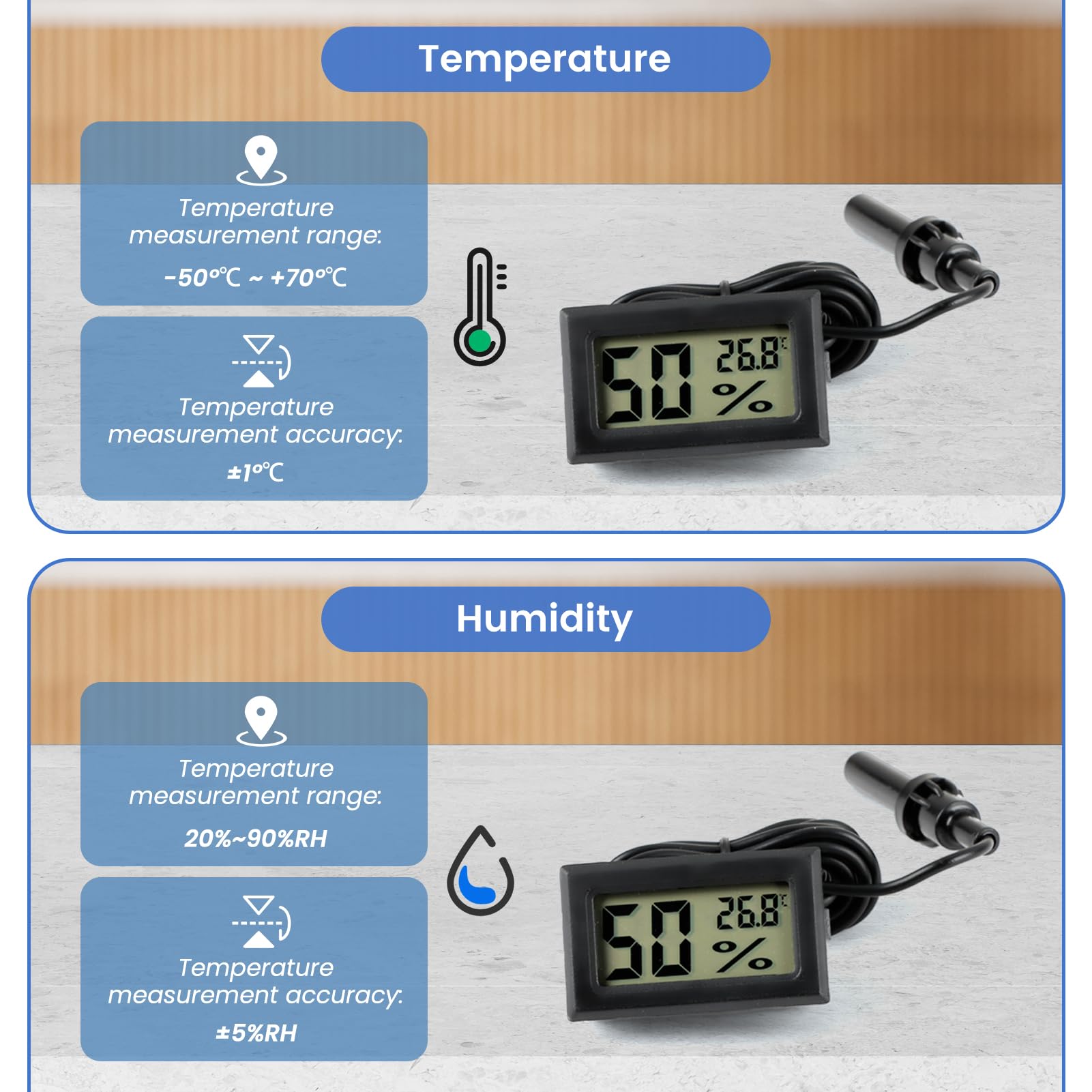 Thermomètre Hygromètre Numérique avec Sonde Externe -50 à 70°C 10 à 90% pour Aquarium Reptile Incubateur