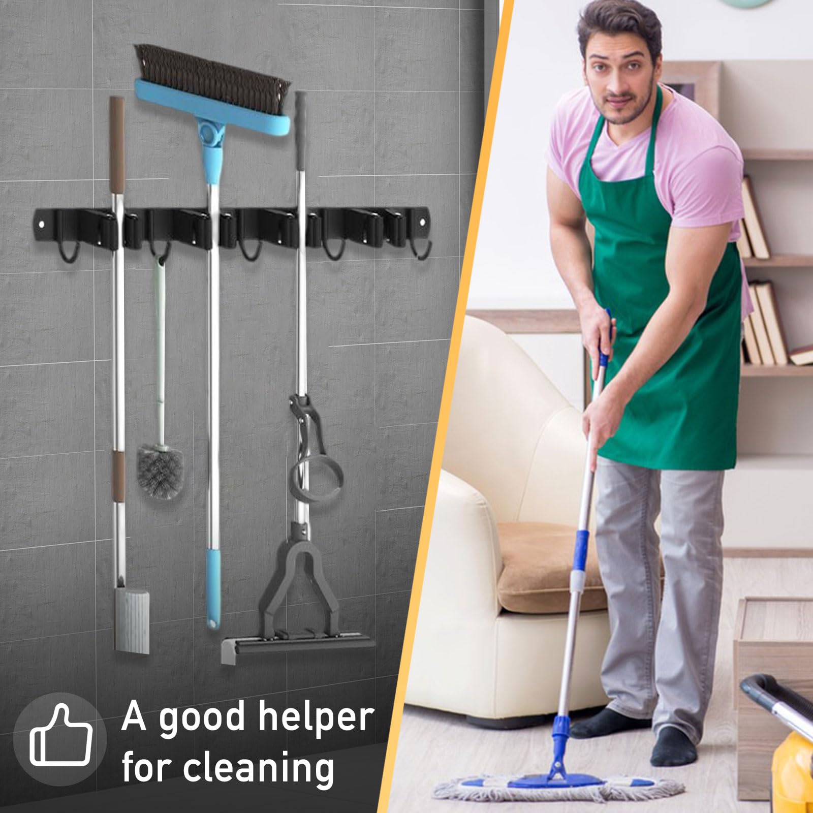 Besenhalterung Wand Selbstklebend - Robuster Metall Besenhalter mit 5 Haken, Aufbewahrungssystem für Kehrzeug/Besen/Mop (Max 13kg, CE) (2)