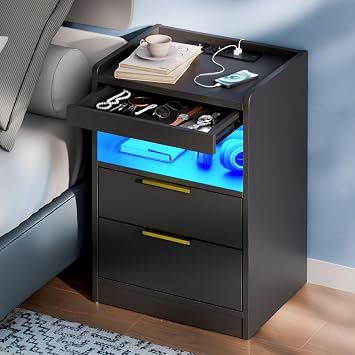Mondeer Nightstand with Gun Drawer, LED Bedside Table with Charging Station, Modern End Table with 3 Drawers, for Bedroom Office, Black