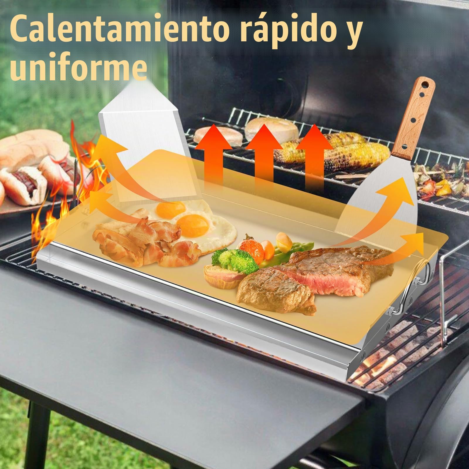 Plancha - Juego de planchas de 58 x 40 cm, con espátula para parrilla y raspador para parrilla, barbacoa de acero inoxidable con protección contra quemaduras y espátula para parrilla con mango de