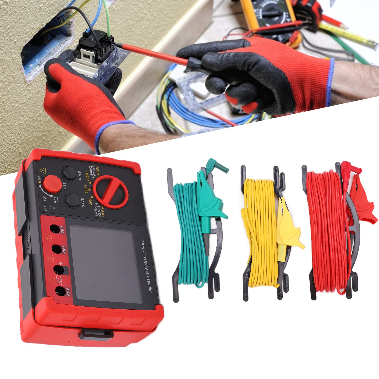 GT5105A Digitaler Erdungsprüfer mit 20 Datensätzen Tragbarer Widerstandsmesser für Elektroinstallationen Inklusive Transporttasche