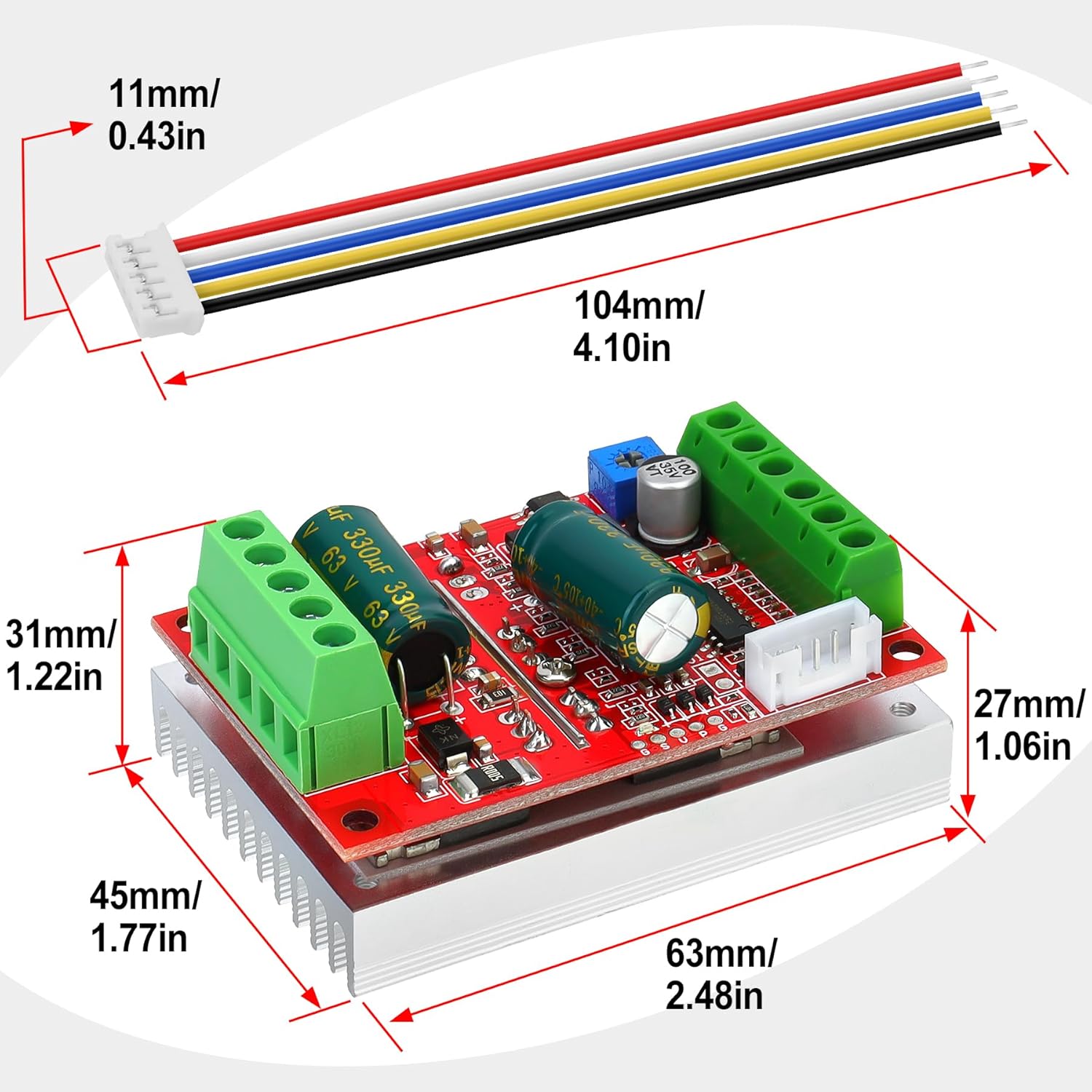 Dimensions of the BLDC motor controller and Hall sensor wires