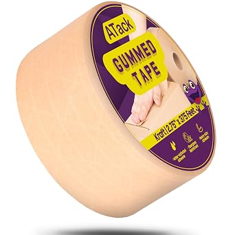 ATack Reinforced Gummed Kraft Paper Packing Tape, 2.75 Inches x 375 Feet Water Activated Brown Carton Box Sealing Tape for Mailing and Moving | Fiberglass Backing Kraft Flatback Paper Packaging Tape