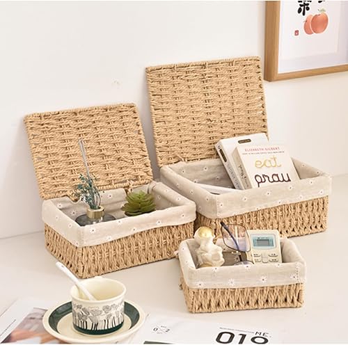 Small Wicker Basket with Lid Paper Rope Storage Baskets for Shelves Set of 3 Tampon Holder with Lid and Removable Liner for Bathroom Makeup Closet Drawer Desk Organizer (Khaki)(Khaki)