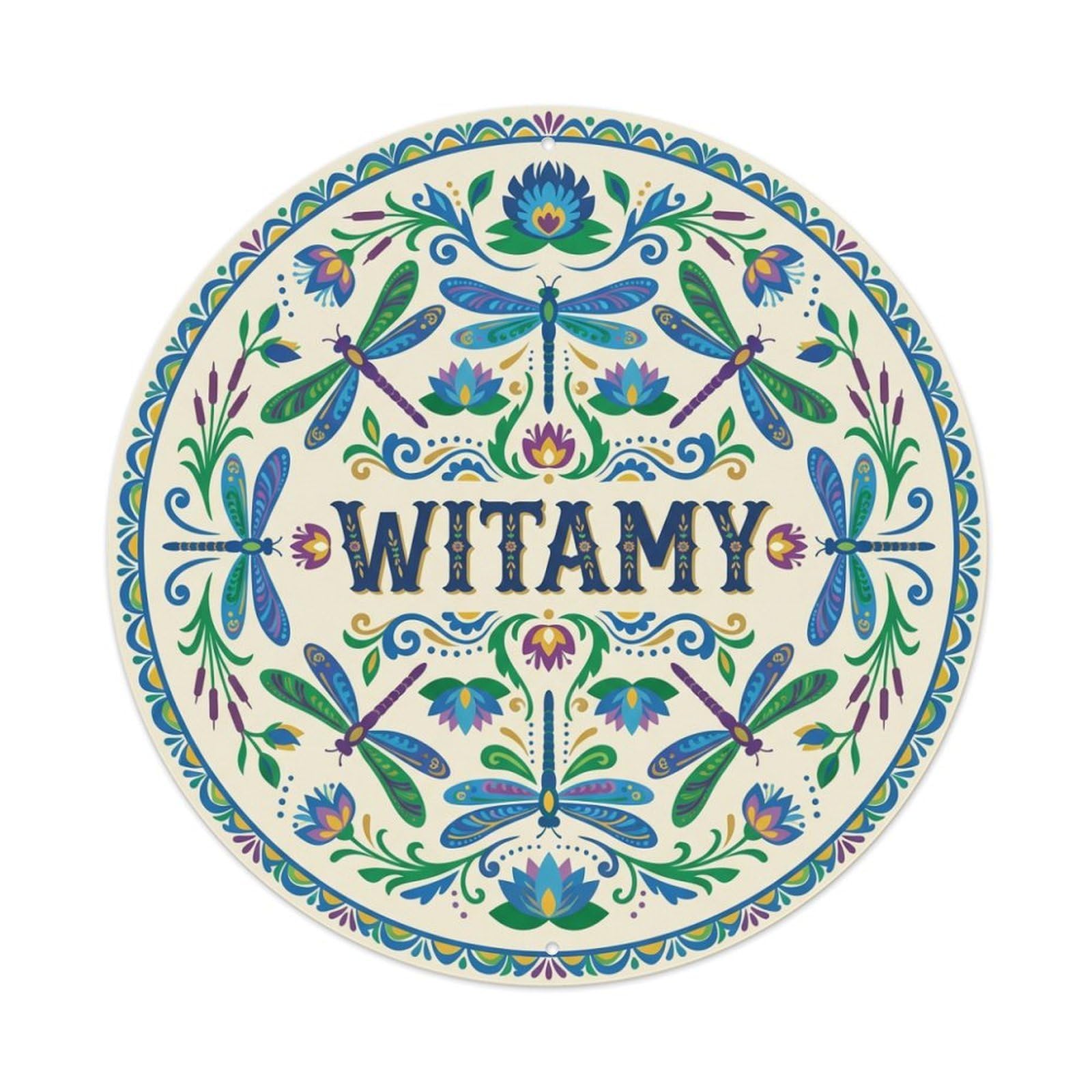 Fyrn Style Metal Tin Sign Vintage Polish Folk Art Witamy Welcome Dragonfly Pond