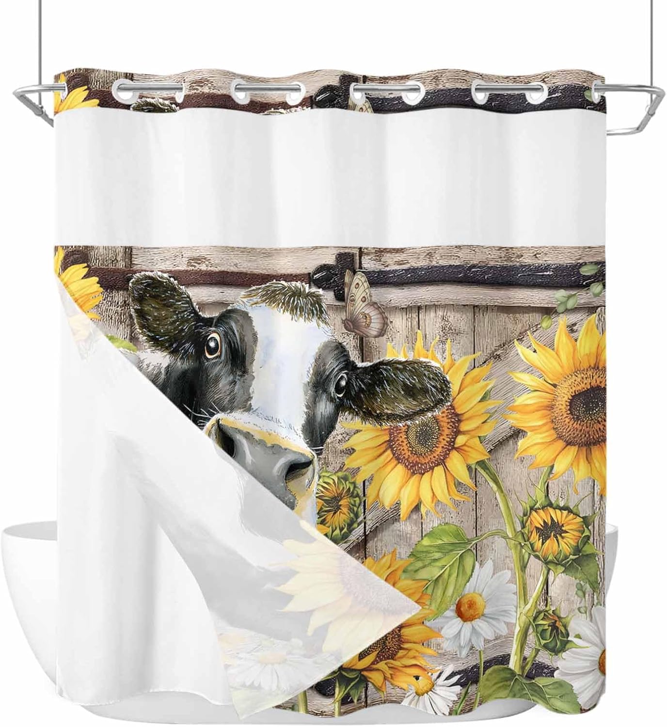 No Hook Shower Curtain and Snap in Liner Set, Retro Farmhouse Flower Fabric Bathroom Shower Curtains 72x72 Inch, See Through Mesh Top Window, Yellow Sunflowers Cow Barn Doors Brown Hotel Style