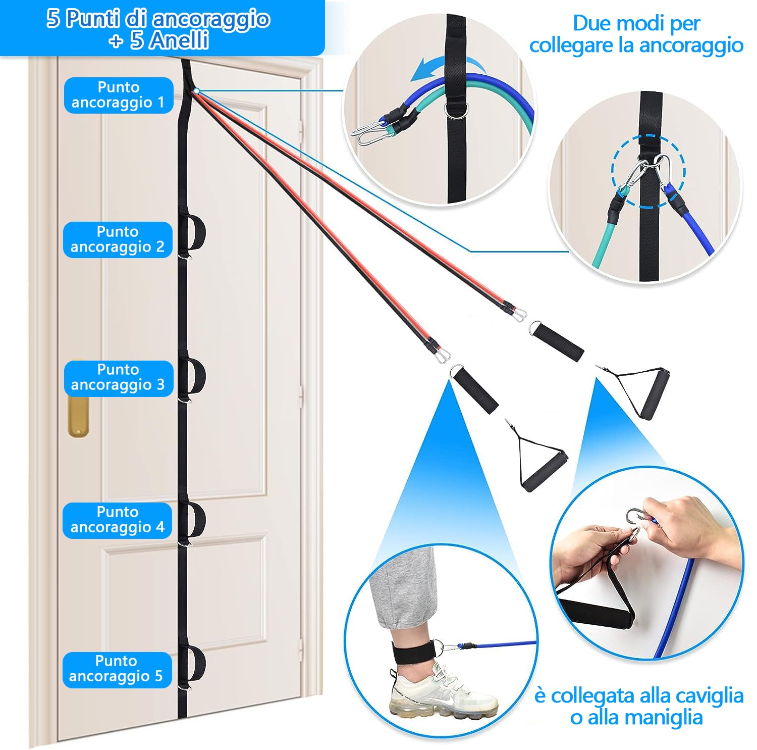 Set Fasce Di Resistenza Con Accessori - Per Trazioni, Allenamento, Yoga E Fisioterapia, 5 Livelli Di Tensione - Foto 3