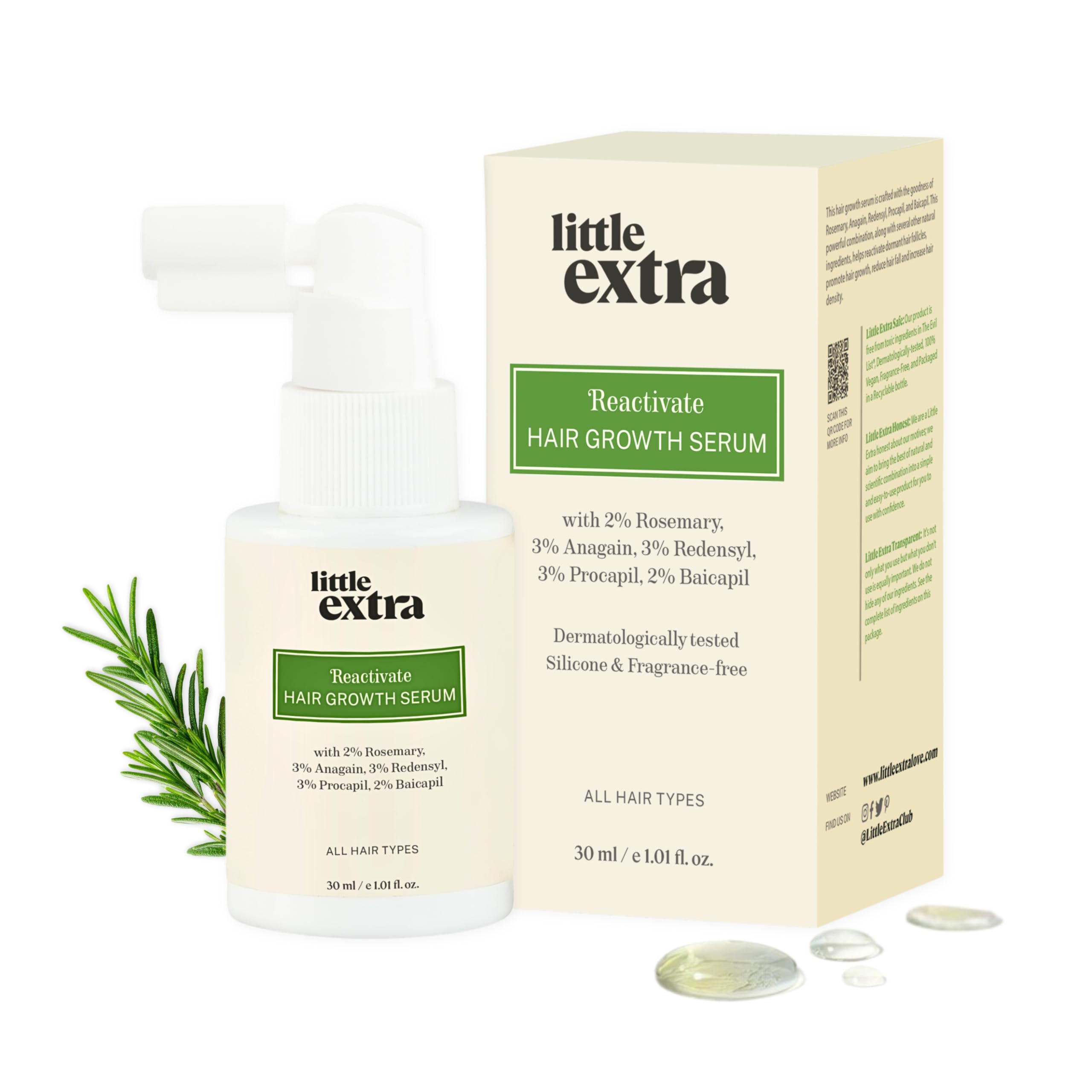 little extra Reactivate Hair Growth Serum With 2% Rosemary, Anagain, Redensyl, Procapil And Baicapil, 30Ml Bottle, For All Hair Types, 100 Grams