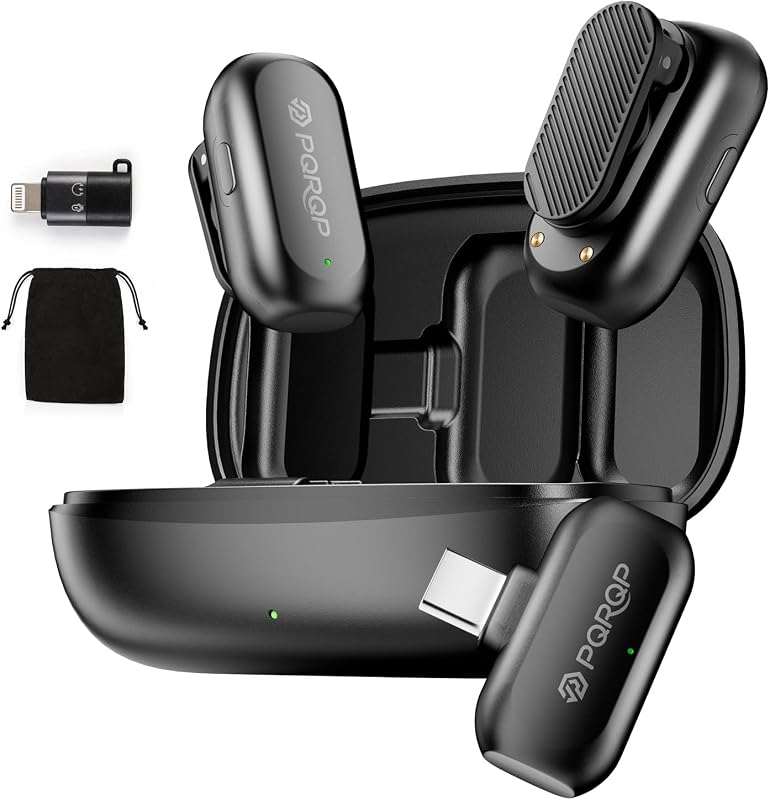 PQRQP Wireless Lavalier Microphone for iPhone/iPad/Android, 164ft Transmission, Mini Microphone with AI Noise Cancellation & Hi-Fi Sound, 24H Charging Case, Mic Ideal for Video Recording