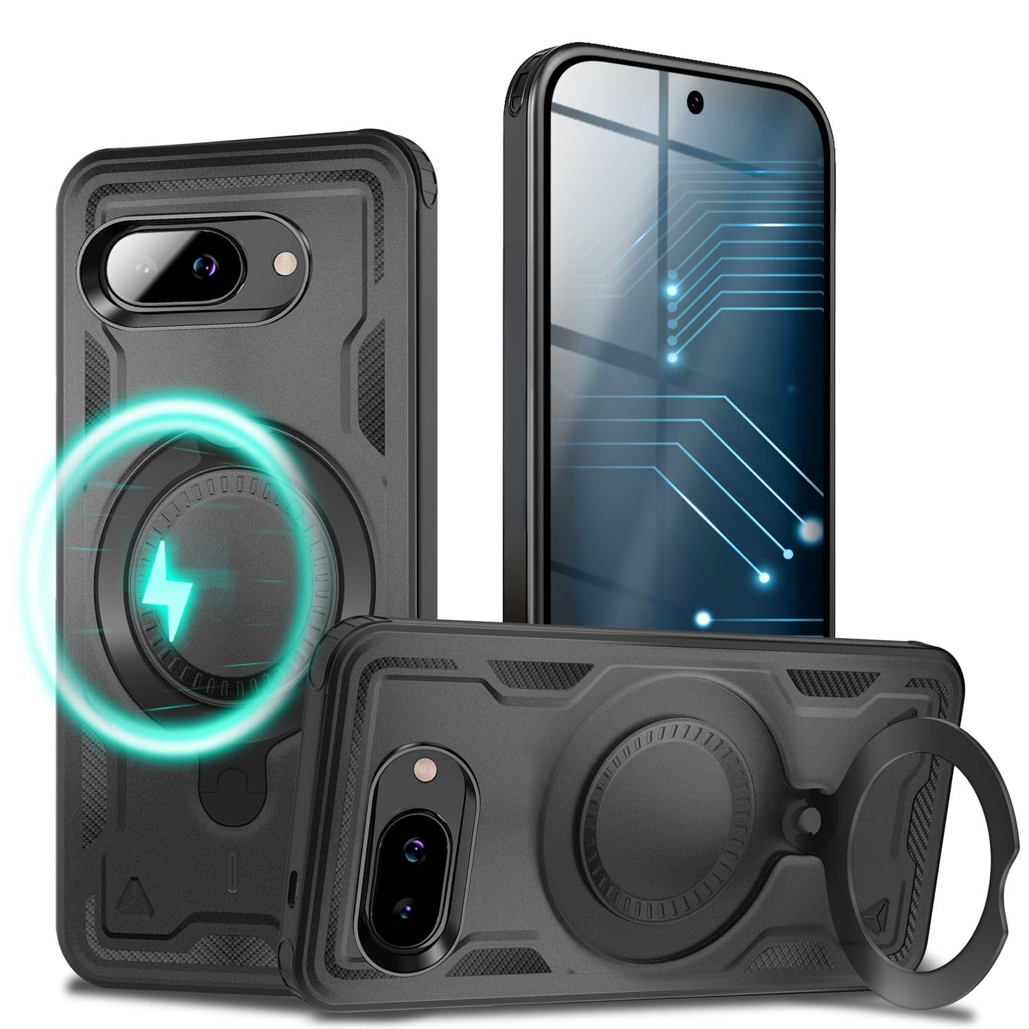 NALIA Stormguard compatible with Google Pixel 9a Case [compatible with MagSafe] (Shockproof Impact Protection), Military Armor Shell with 360° Ring, Kickstand & Finger-Holder, Color:Volcanic Black