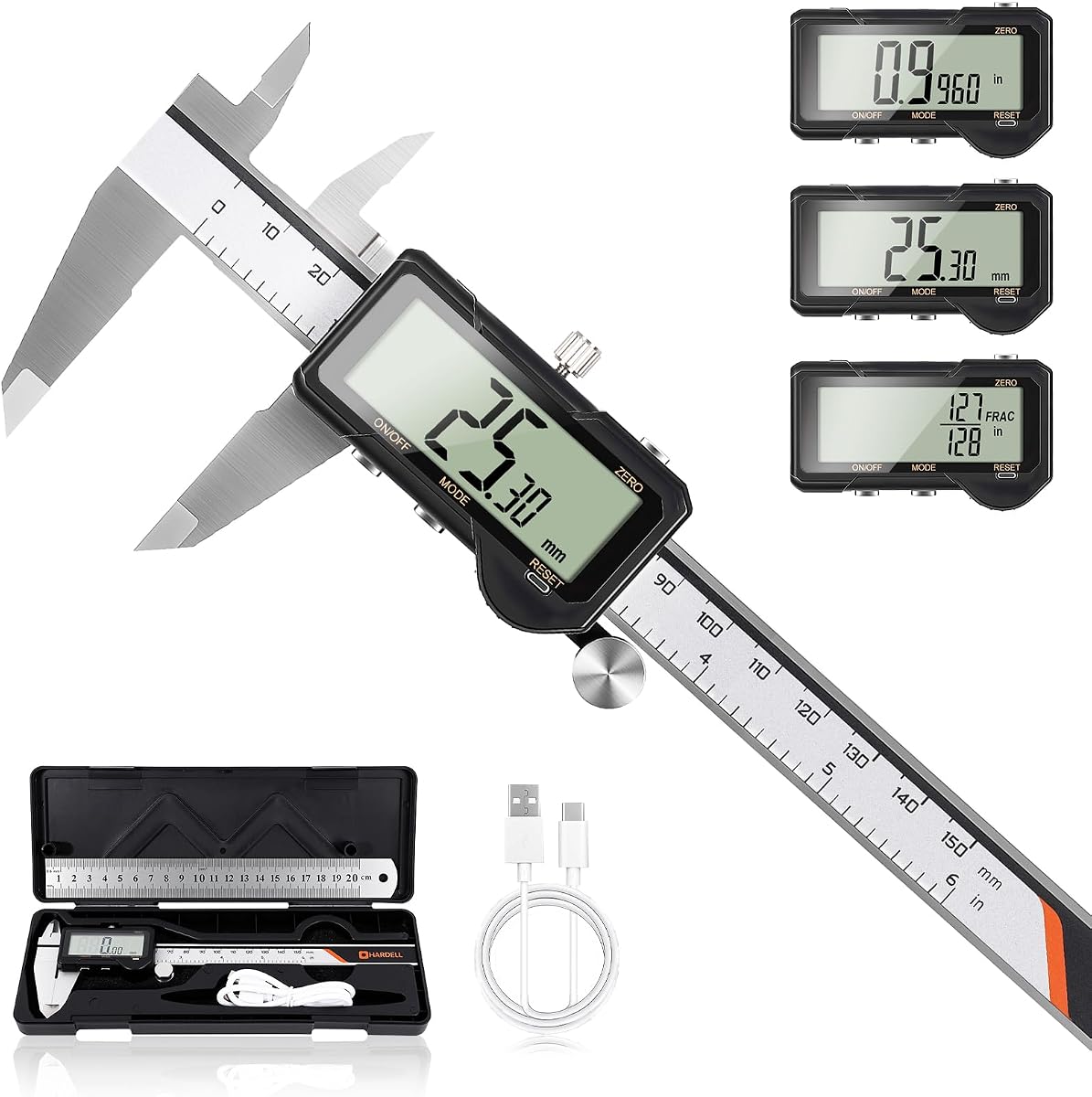 Calibrador digital de 6 pulgadas, calibradores recargables, reinicio con una tecla | Herramienta de medición de calibrador con pantalla LCD grande, apagado automático, pulgadas/mm/fracción, para bricolaje, impresión 3D, joyería, pasatiempos de carpintería