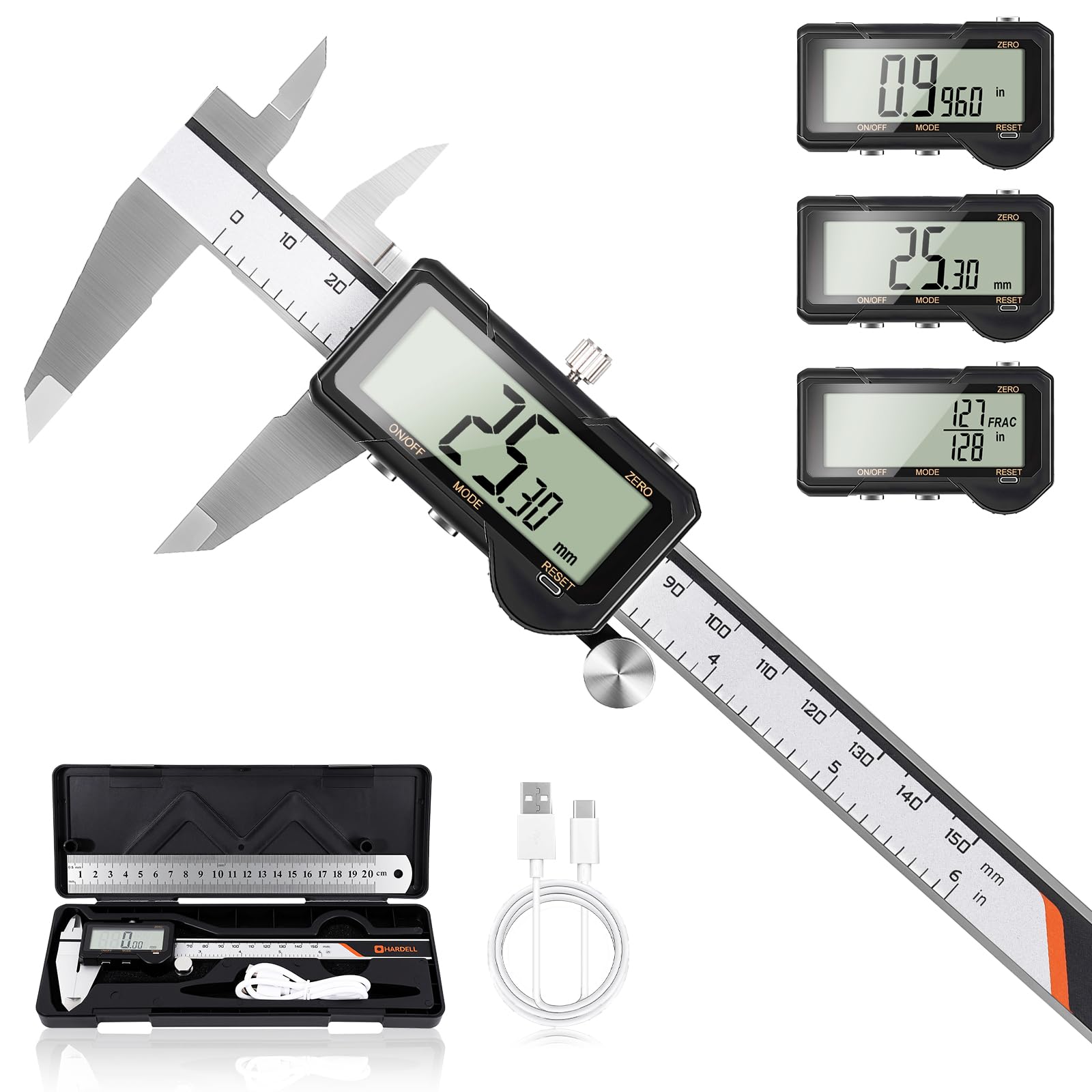 Calibrador digital de 6 pulgadas, recargable, con reinicio con un solo botón, conversión de pulgadas/mm/fracciones, pantalla LCD grande con apagado automático, herramienta de medición para bricolaj