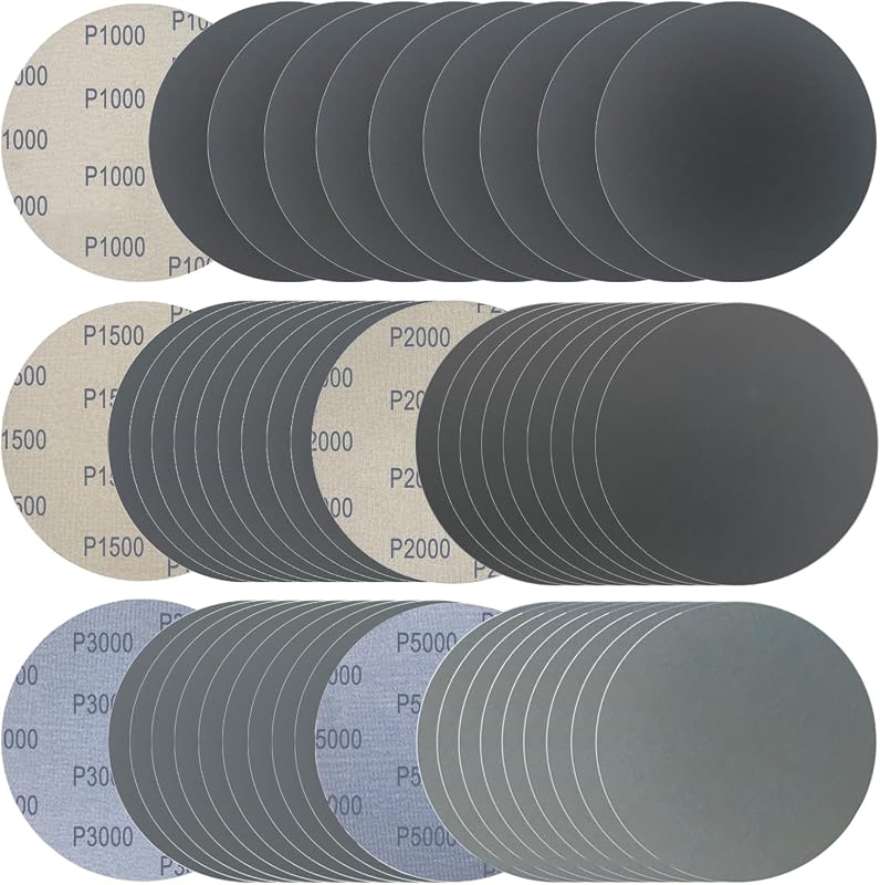 6 Inch 50 Pcs Wet Dry Sanding Discs Hook and Loop 1000-5000 Mixed Grits | 1000 1500 2000 3000 5000 Grit Silicon Carbide No Hole Round Sandpaper for DA/Orbital Sander, Automotive Wood Metal Polishing