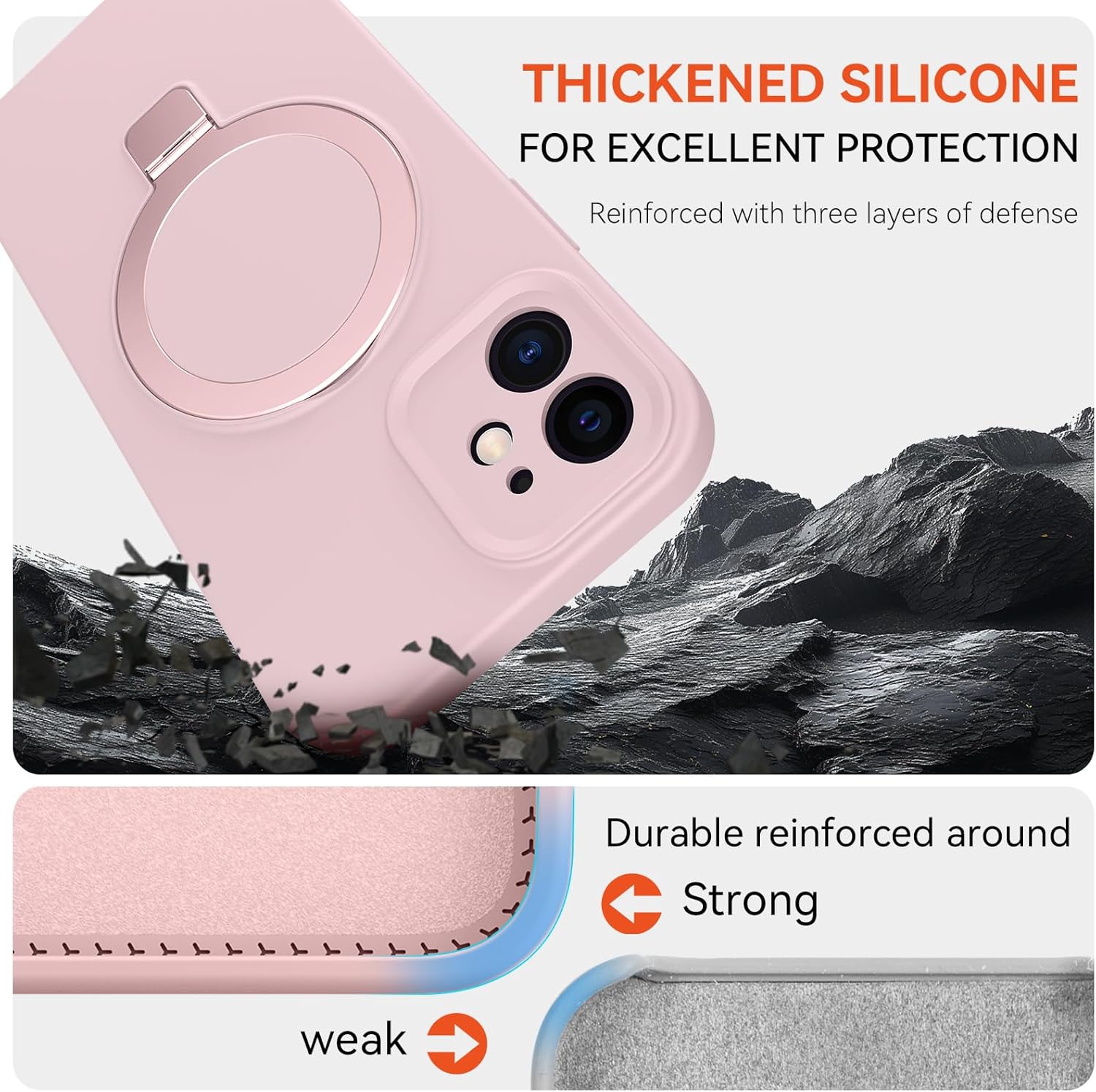 Compatible with iPhone 12 Case with Stand, Premium Slim Soft Liquid Silicone Phone Cases for iPhone 12 6.1" Compatible with MagSafe Magnetic Ring Kickstand Case Full Camera Protection, Pink