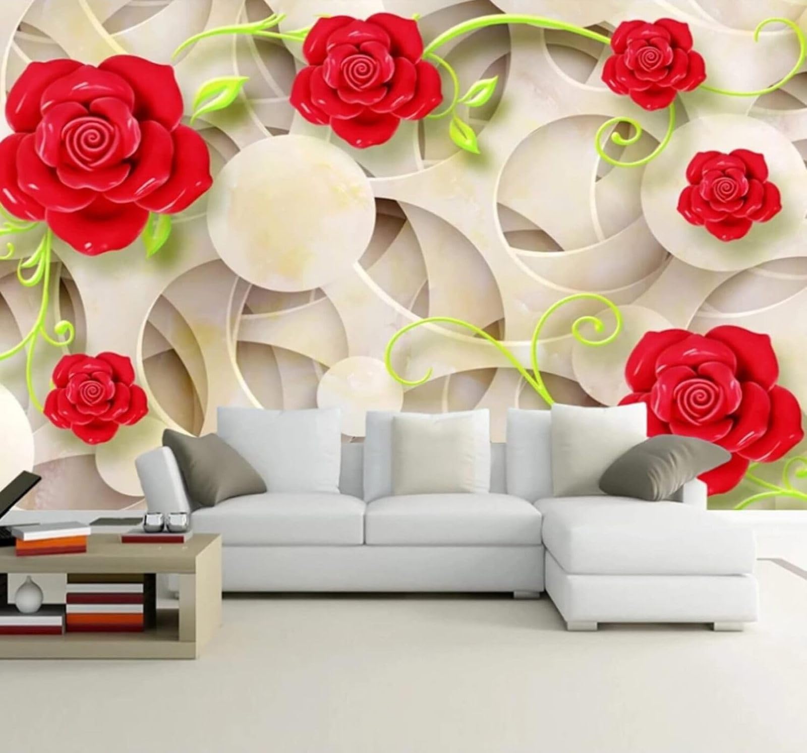 XLMING Creative Geometric Circle Red Rose 3D Wallpaper Luxury Silk Study Dining Feature Sofa Grey Bedroom Living Room Tv Decorative Wall-150cm×105cm