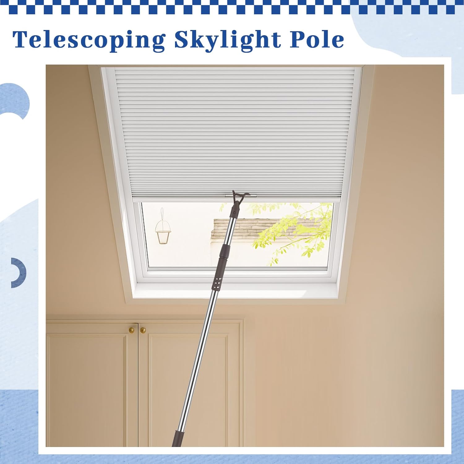 Reallnaive 1 Pack Telescoping Skylight Pole with Hook 47 to 79 Inch Wand for Blinds Tension Rod Blinds Shades Stainless Steel Adjustable Curtain Pull Wand for Skylight Cordless Window (Brown)