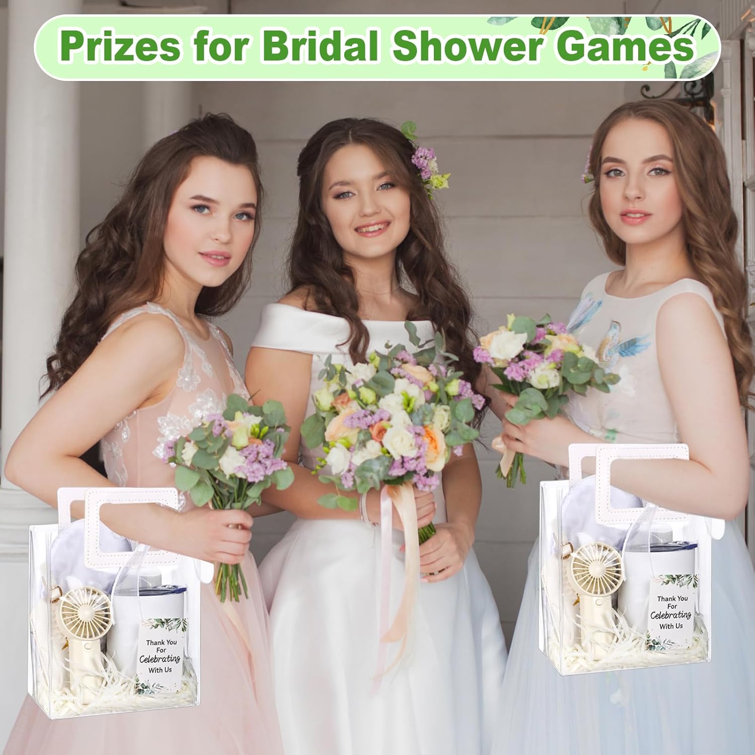 Talltalk 6 Sets Baby Shower Prizes for Game Wedding Bridal Shower Winners Gifts Guest Favors Luggage Tag Handheld Fan Cup Notebooks Silk Eye Mask Ballpoint Pen Card Bags (White)