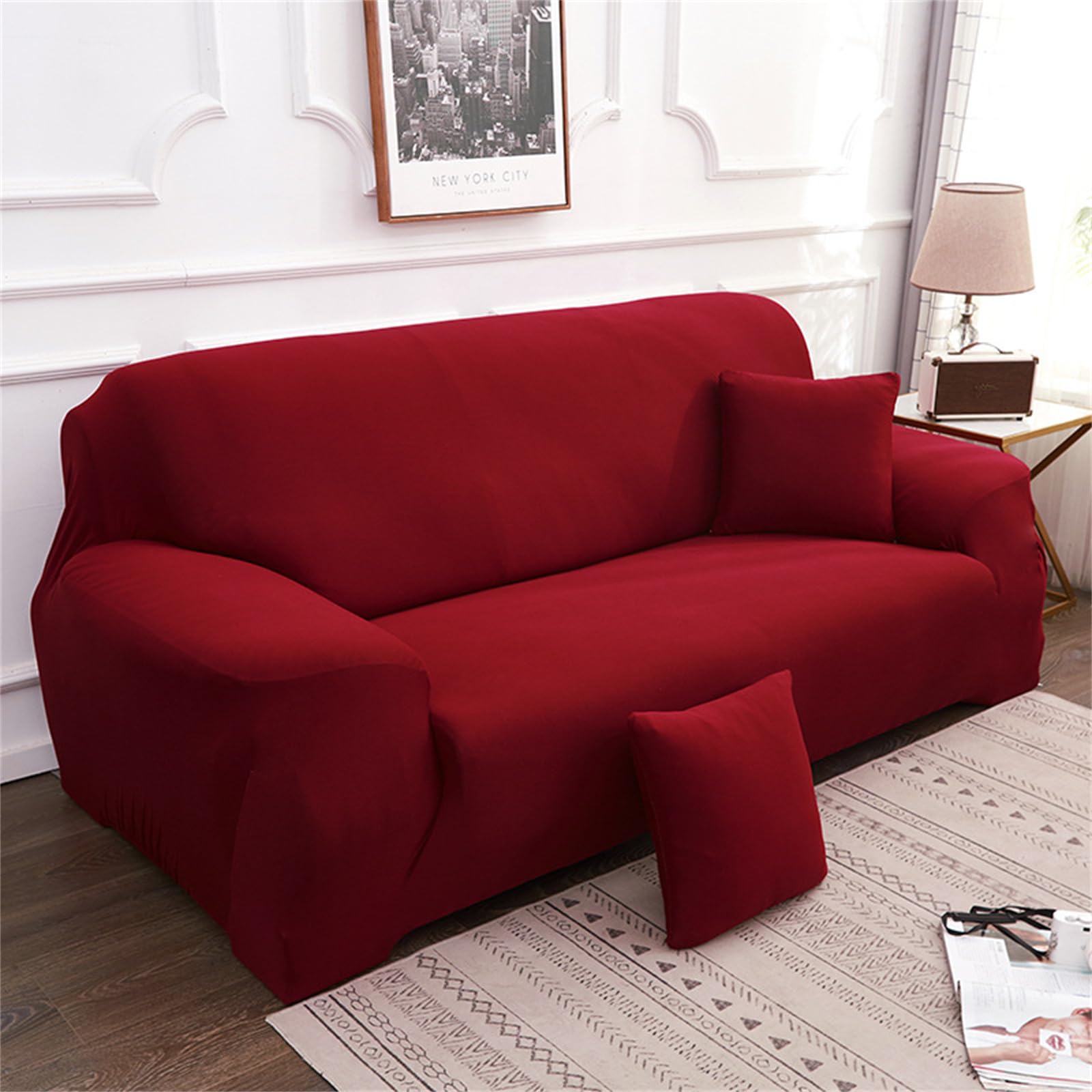 Hearda High Stretch Sofa Covers 1/2/3/4 Seater, Solid colours Soft Elastic Non Slip Sofa Slipcover Washable Universal Couch Sofa Cover for Kids Pets Living (burgundy,3 Seats)