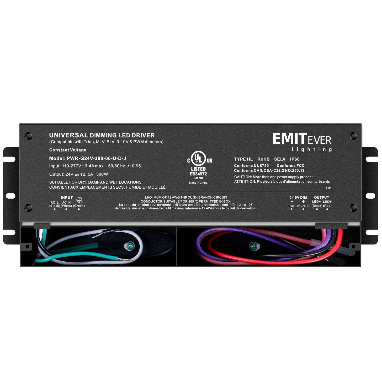 EMITEVER Driver LED dimmerabile 300W AC 110V-277V a DC 24V Trasformatore 5-in-1 Dimmerabile: ELV/MLV/TRIAC/0-10V/1-10V/10V PWM/potenziometro impermeabile IP67 e UL elencati