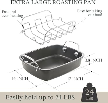 KITESSENSU Large Roasting Pan with Rack - 25 LB Nonstick Turkey Roaster Pan for Oven - Heavy Duty Carbon Steel Roasting Pan with Wider Handles for Chicken, Vegetables & Holiday Meals, Gray