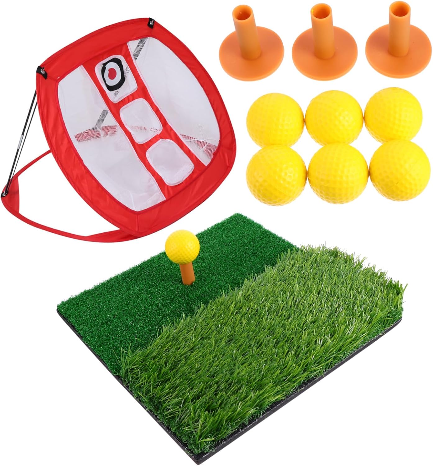Golf Practice Net Pad Set Portable Nylon Training Net | Foldable Frame, Indoor and Outdoor Use, Red Finish, Mini Hitting Pad Included
