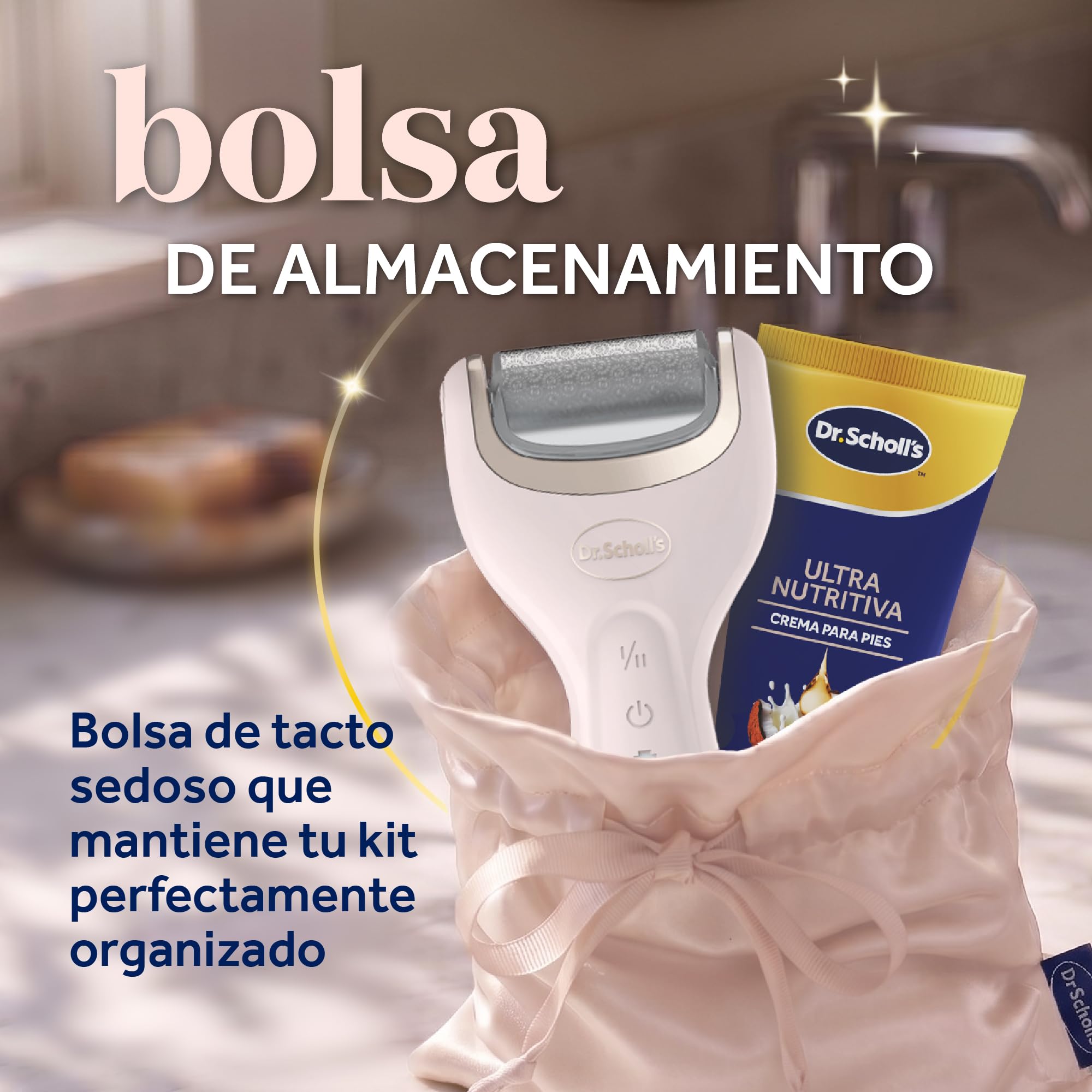 Dr. Scholl's Pedi Perfect Luxe - Lima Eléctrica para Pies con Crema Nutritiva, Kit Pedicura, Elimina Durezas, Pies Suaves, Impermeable, Recargable 90 Minutos, Incluye x3 Cabezales