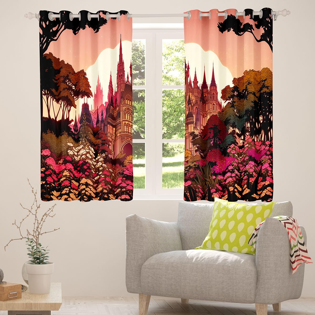Homewish Tende per finestre al tramonto, 168 x 228 cm, set di 2 pannelli, tende oscuranti con castello, rose, margherite, fiori, alberi, principessa, tende per finestre, stelle, paesaggio, erba, per