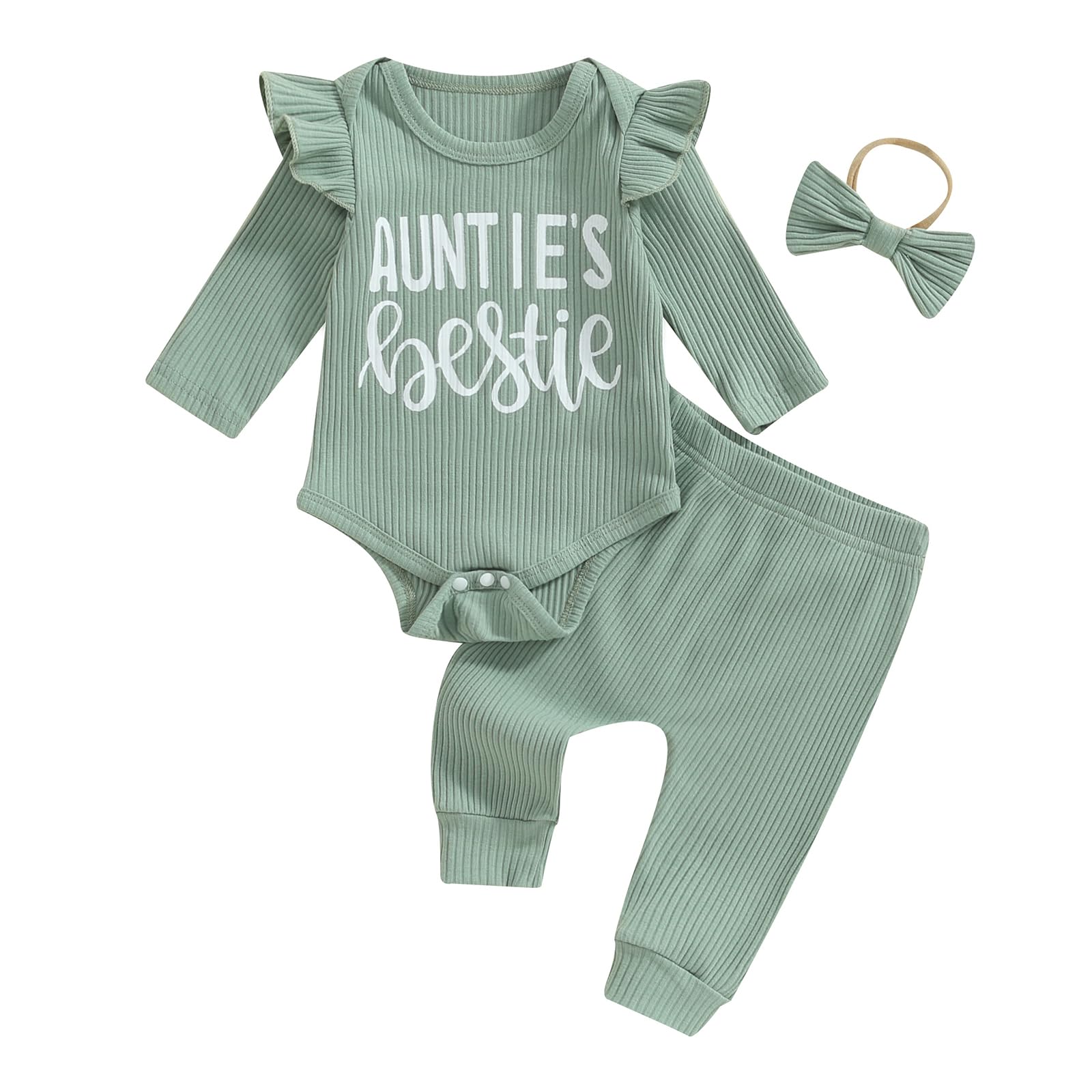 NZNDSHD Auntie Baby Clothes Girl Fall Winter Ribbed Knit Outfit Long Sleeve Romper Bodysuit Elastic Pants Headband Set